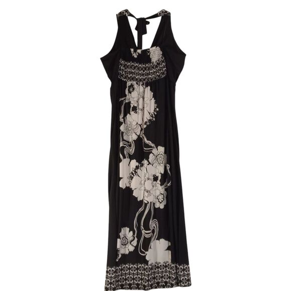 Olivia Matthews Black And White Haulter Top Large Floral Print Maxi Dress Sz XL - Picture 2 of 7